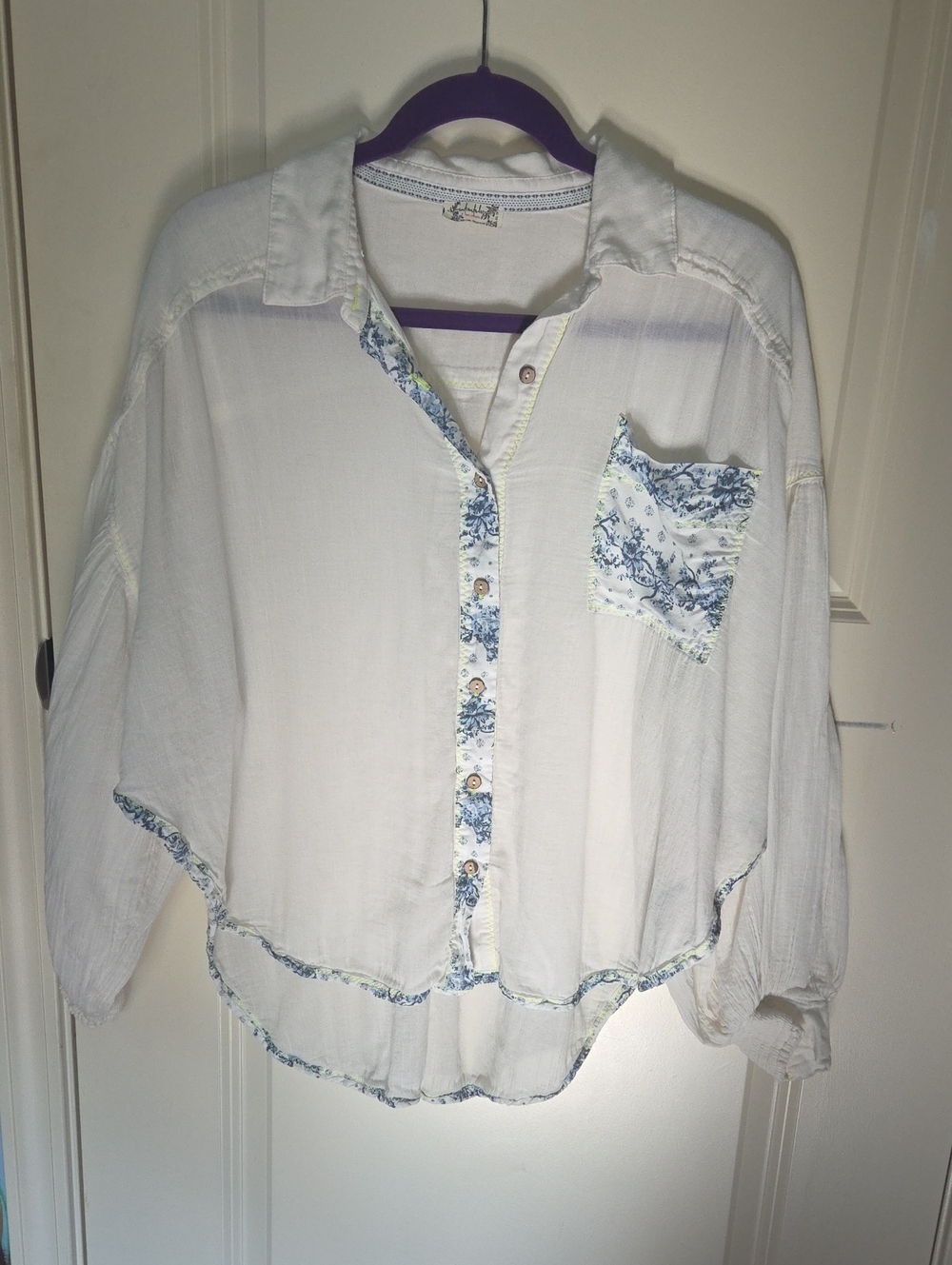 Free People Cream Shirt with Blue Fabric Trim And Yellow Embroidery
